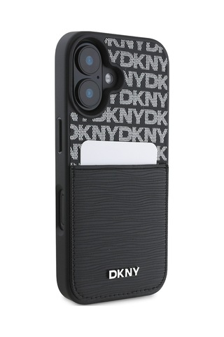 Apple Uyumlu iPhone 16 Kılıf Dkny Lisanslı Kartlıklı 3d Yazılı Repeat Texture Pattern Kapak Siyah