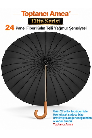 Toptancı Amca Şemsiye 24 Tel Bay Lüx Baston Ahşap Sap Sky-60 120 Cm Çap Gerçek Fiber İskelet Siyah
