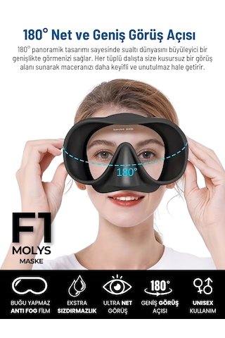 Molys F1 Pro Dalış Maskesi + Antı Fog Buğu Önleyici Film + Dalış Maskesi Kutusu Küçük Yüz Yapısı İçin İdeal Turkuaz