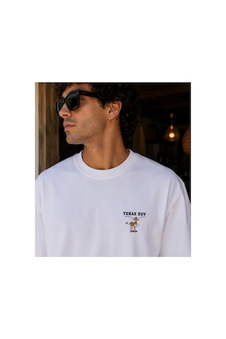 Qmen Style Unisex Beyaz Oversize Baskılı T-shirt Texsas Suv %100 Pamuk
