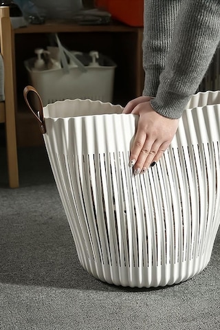 Flex 3lü Banyo Seti Deri Desenli Kulplu Lüx Banyo Mutfak Organizeri Çamaşır Sepeti Düzenleyici Krem Krem