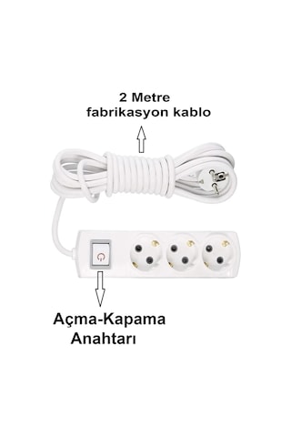 Grup Priz Topraklı 3'lü Çoklu Anahtarlı Priz Seyyar Ara Uzatma Kablosu Kablo 2 Metre 2 m