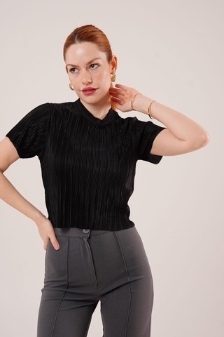 Fitilli Kısa Kollu Parlak Siyah Bluz Antrasit Melanj