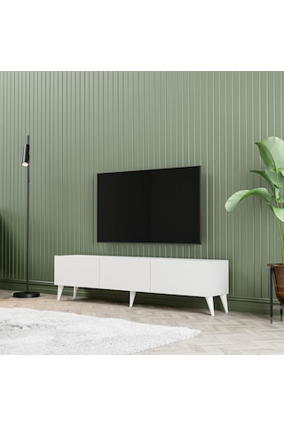 1240 Eva 3 Kapaklı Kulpsuz 150 Cm Ayaklı Tv Ünitesi Beyaz