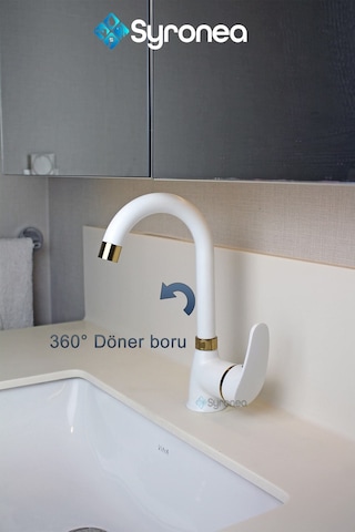 Mat Beyaz Kısa Nano Teknoloji Banyo Lavabo Bataryası Altın Desenli Musluk Beyaz