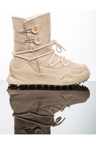 Kadın Günlük Nubuk Deri Kar Bot Bootie Postal İçi Kürklü Düğmeli Ve Bağcıklı Kaymaz Taban 501 Bej