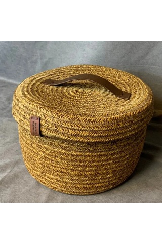 Uretti - Fatma 7987 - El Yapımı Bambu İp Deri Saplı Kapaklı Çok Amaçlı Organizer Sepet Kahverengi