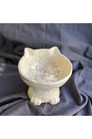 Bylewoo Siyah Beyaz Ebru Desen Kedicik Model Seramik Mama Kabı