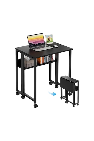 Sidney Kitaplık Raflı Katlanır Masa 70cm Tekerli Bilgisayar Masası Laptop Masası Siyah Siyah