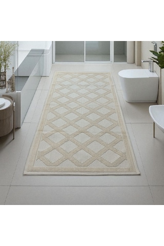 Pamuklu Kaymaz Taban Dikdörtgen Banyo Paspası 80x150 Cm, Pamuk Dokuma Banyo Halısı Krem