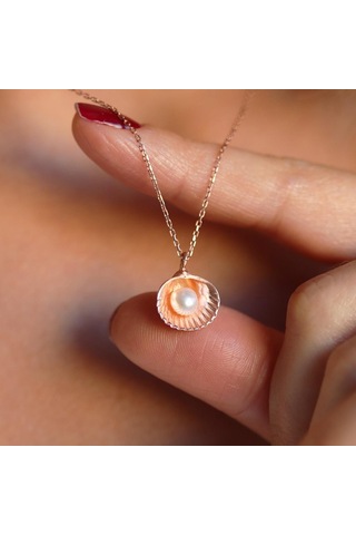 İstiridye İnci Rose Gold Kaplama Gümüş Kolye Gümüş