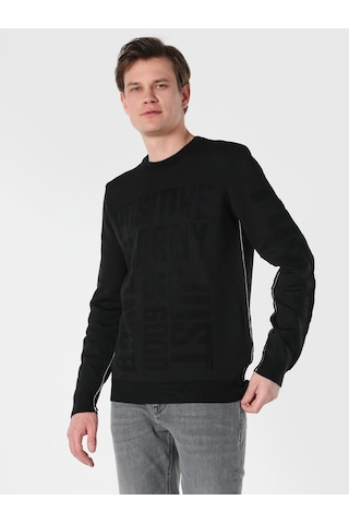 Colin's Regular Fit Bisiklet Yaka Yazı Baskılı Siyah Erkek Kazak CL1062328_Q1.V1_BLK