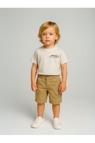 Erkek Bebek Pamuklu Kumaş Cepli Şort-16008 Bej