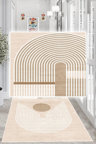 Dijital Baskılı Modern Desen Dekoratif Kaymaz Taban Yıkanabilir Yolluk Antre Hol Halısı Salon Halısı Krem