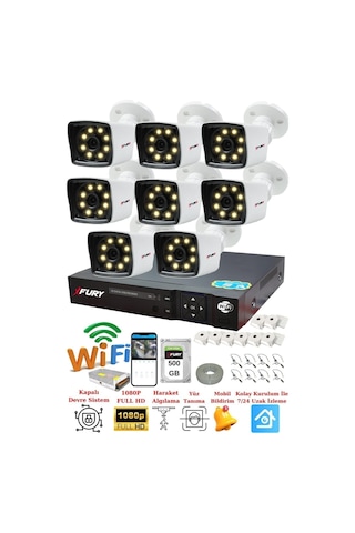 Fury 8 Kameralı 5mp Lens 1080p 2mp Color Görüntü 8 Warm Led Gece Görüş Fullhd Güvenlik Kamera 5525w 500gb