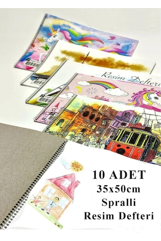 Resim Defteri 15 Yaprak 35x50 Cm 10 Adet Spiralli Büyük Boy Resim Defteri Karton Kapak 110 Gr Öğrenci Okul