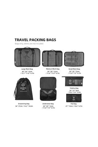 Mufunye Seyahat Çantası Organizatörü 7 Parça Su Geçirmez Sıkıştırma Çantaları Siyah