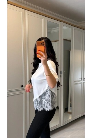 Mareandpanda Kısa Kollu Bısıklet Yakalı Dantel Detaylı Vıskon Ikı Iplık Bluz Beyaz