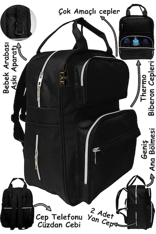 USF Bebek Bakım Çantası Organizatör Fonksiyonel Anne Bebek Bakım Sırt Çantası Siyah