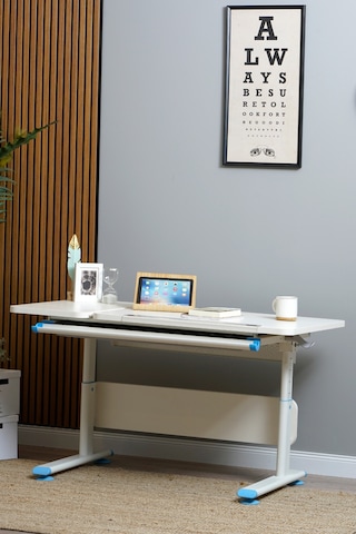 Vega Basic Yükseklik Ve Eğim Ayarlı Ekru Çalışma Masası, Çekmeceli Bilgisayar Ve Ofis Masası, Mavi Gri