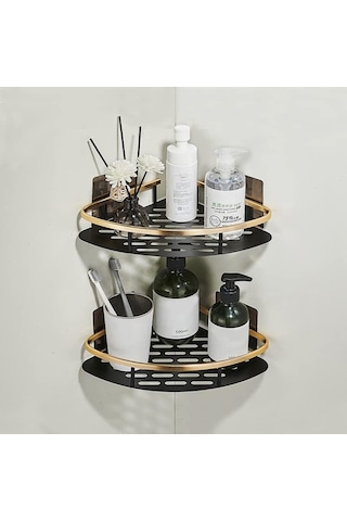 Yumruksuz Alüminyum Depolama Rafı Banyo Düzenleme Rafı, Geniş Kenarlı Tek Katmanlı Üçgen - Siyah + Altın Siyah Altın