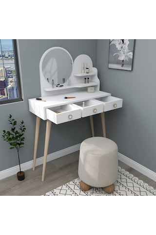 Arnetti Ruges Aynalı Makyaj Masası Ahşap Ayaklı Beyaz