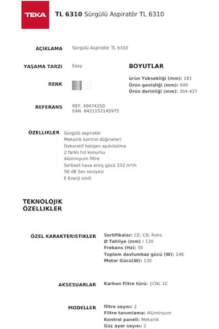 Teka TL 6310 Sürgülü Aspiratör 40474250