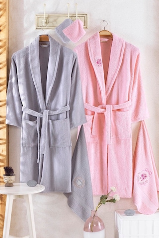 Unisex Gri Güvenal Pamuxu 8 Parça Aile Bornoz Seti 1 Gri