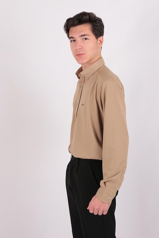Twın Lıon Twin Lıon 408 Slimfit Örme Armürlü Düz Gömlek Bej