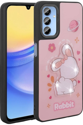 Samsung Uyumlu Galaxy A15 Kılıf Parlayan Kabartmalı İkonik Figürlü Zore Amas Silikon Kapak Pembe