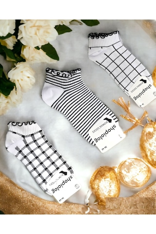 Shopiolog Sevimli Marul Desenli Bilek Çorabı 3'lü Paket Siyah - Beyaz
