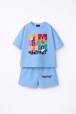 Fasardi Manifest Girls M6nifestgirls Baskılı Oversize Pamuk Tişört Şort 2'li Çocuk Takım Mavi