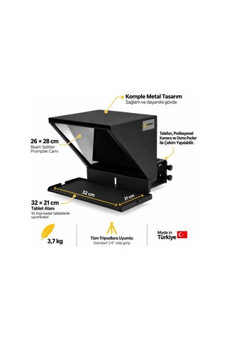 Pratic Tablet Prompter Eko Set Mobil Uygulama Kontrollü, Metal Gövde, Telefon Tutuculu
