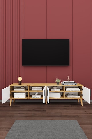 Asra Trend Tv Ünitesi T-03 %100 MDF 160 cm Tv Sehpası 4 Kapaklı Raflı Beyaz-Petra
