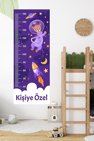Kişiye Özel Yavru Geyik Temalı Dekoratif Çocuk Boy Ölçer Sticker Duvar Cetveli Takip Çizelgesi Mor