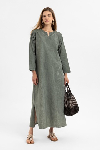 Haki İşlemeli Uzun Kollu Astarsız Pamuklu Uzun Elbise-hakı