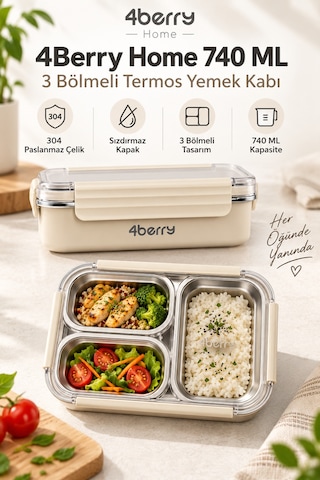 4berry Home 740 Ml 3 Bölmeli 304 Paslanmaz Çelik Termos Yemek Kabı Sızdırmaz Kapaklı, Isı Korumalı Beslenme Kutusu Krem-bej