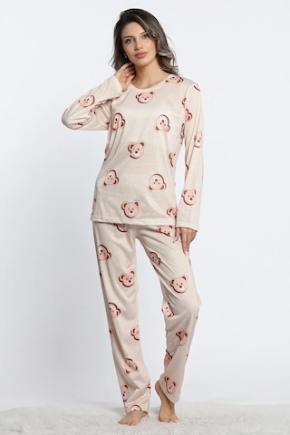 Lukitus Kadın Bisiklet Yaka Uzun Kol Ayıcıklı Pijama Takımı Lukitus Bej