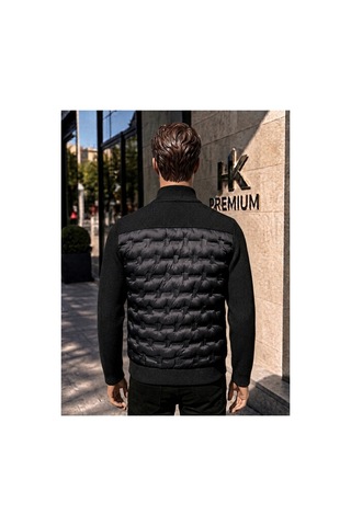 Hk Premium Erkek Mont Daire Baskı Örme Triko %100 Polyester Dik Yaka Ceket Siyah