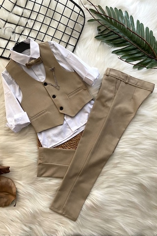 Zincirli Üç Düğme Erkek Çocuk Takım Elbise Bej