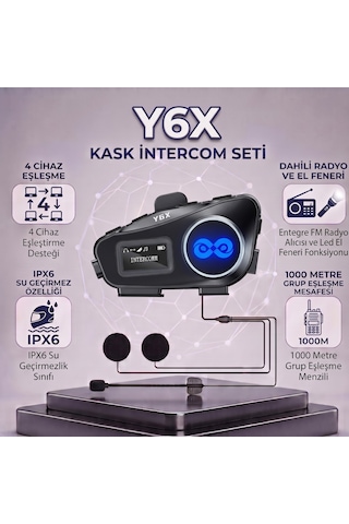 Y6x Kask Intercom Seti - 4 Cihaz 1000m Grup Eşleşme, Fm Radyo & Ipx6 Su Geçirmez