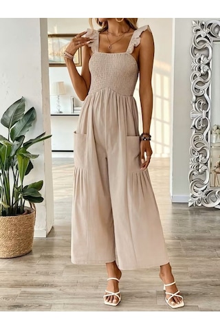 Alyn Wear Kadın Askılı Gipe Detaylı Cepli Uzun Tulum Bej