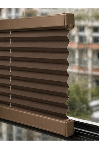 Plise Perde Kahverenk Kumaş + Bronz Profil Kasa Cam Balkon Perdesi