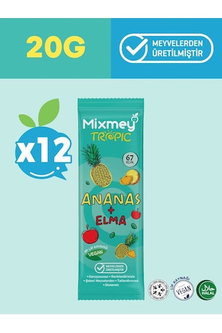 Mixmey Ananas Meyve Barı 12 Adet | Atıştırmalıklar – Vegan, Glutensiz, Koruyucusuz 20gr X 12 Adet