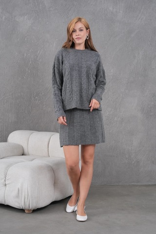 Kadın Bisiklet Yaka Saç Örgü Kazak Etek İkili Triko Takım Antrasit