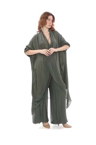 Bohem Stil Italyan Ipek Detaylı Oversize Kaftan & Bluz-8711 Koyu Haki