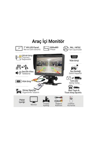 7" İnç Ayaklı Araç İçi Ön Kamera Ve Okul Taşıtı Monitörü Hd Led Panel Çift Kamera Girişli Vga Ses Girişli 12v-24v