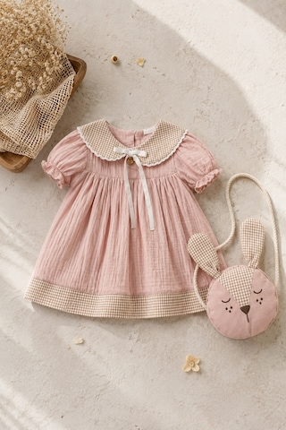 Minigimin Cicileri Miniğimin Cicileri Müslin Bebe Yaka Tavşan Çantalı Kız Çocuk Elbise - Pudra
