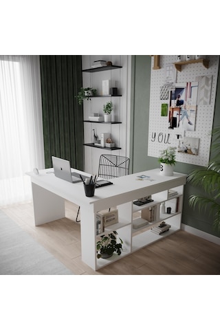 Robinhome Robin Home Martin Kitaplık Raflı Çalışma Masası L Ofis Masası Bey Beyaz