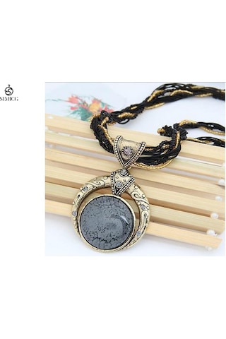 El Dokuması Bohem Pirinç Boncuklu Retro Etnik Tarzda Yuvarlak Değerli Taş Kolye Siyah